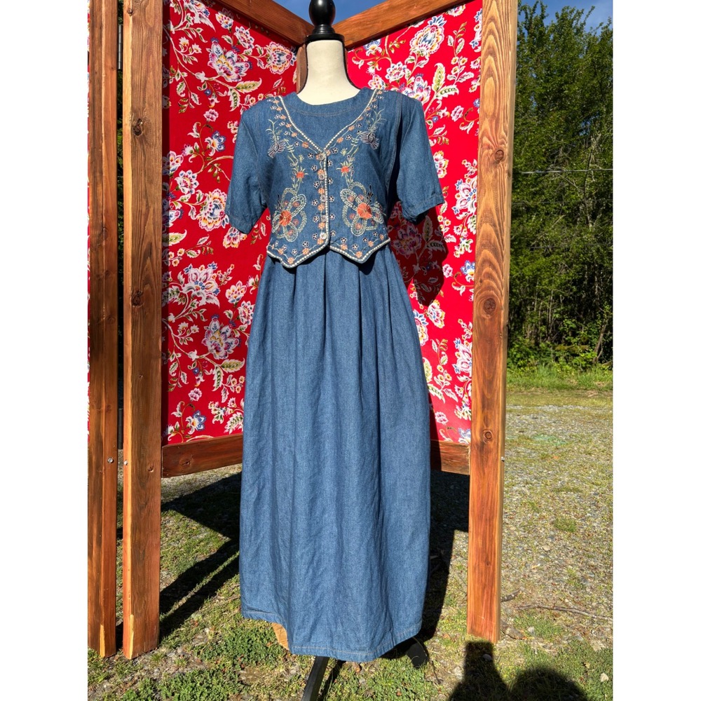 VTG 90's 100% Cotton Soft Denim Embroidered Western Prairie Maxi Dress Size L - Picture 2 of 16
